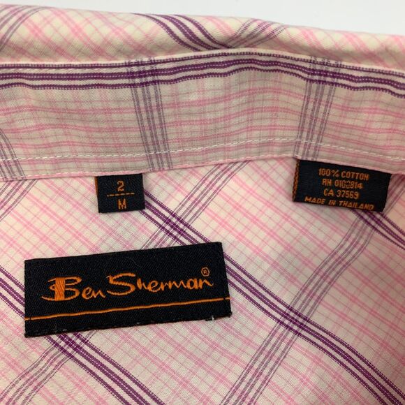 Ben Sherman Shirt Mens M Medium Pink Purple Button Up Windowpane Plaid Cotton - Picture 5 of 13